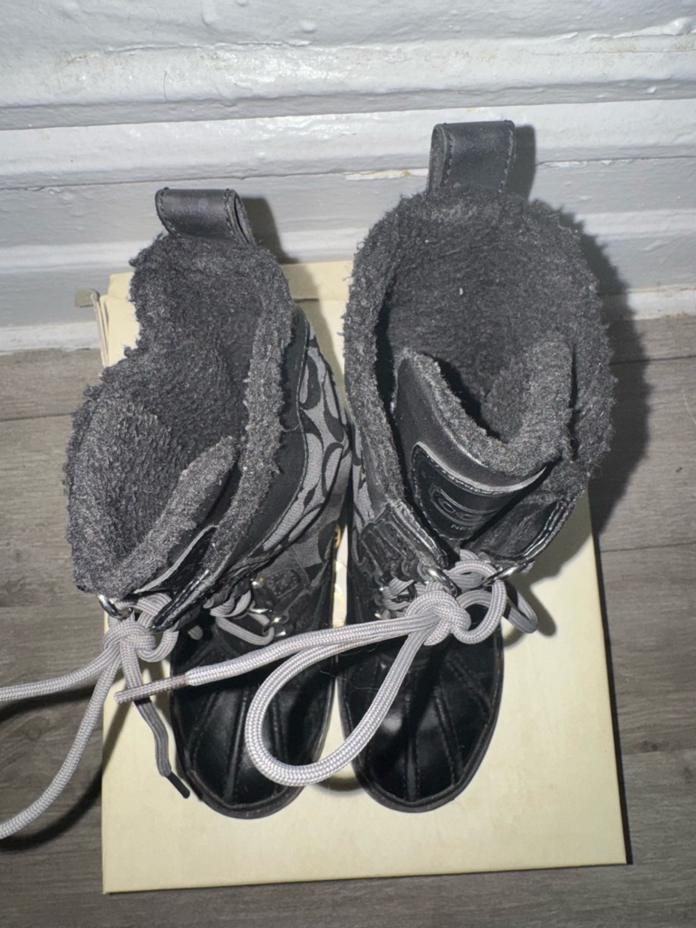 Coach Black Lace-Up Duck Boots with Gray Laces and Quilted Sides - Picture 5 of 6
